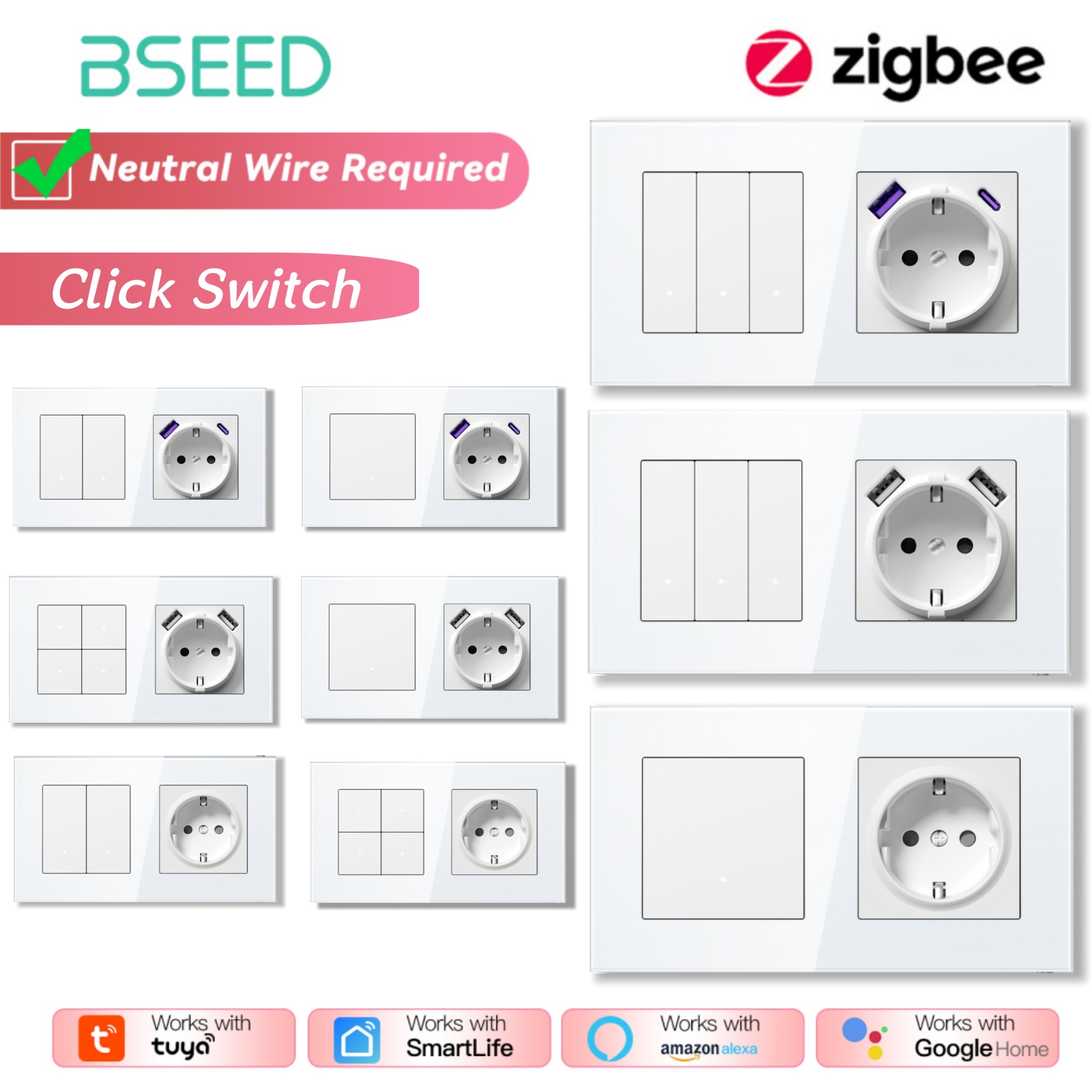Smart Home Yellow - BSEED ZigBee-schakelaars Wand Smart Click-lichtschakelaars Geel