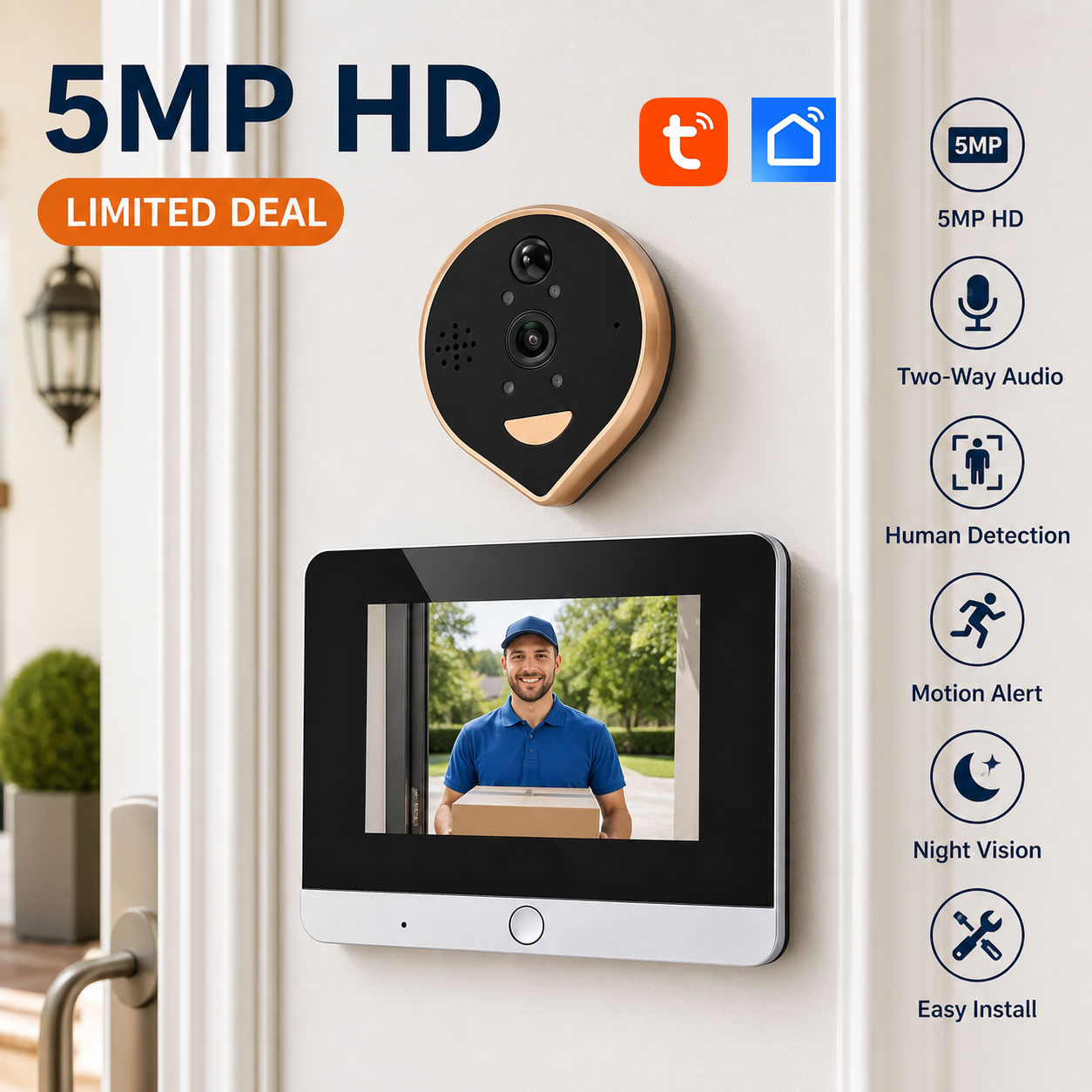 Smart Home Battery Camera - 5MP Tuya Smart Life Deurkijker met